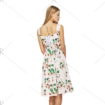 Old Classical  Sleeveless Square Neck Floral Print Dress for Women - Light Beige