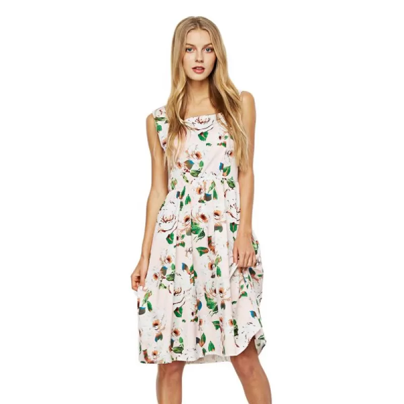 Old Classical  Sleeveless Square Neck Floral Print Dress for Women - Light Beige