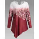 Ombre Printed Asymmetric Long leeves Tee - Cherry Red