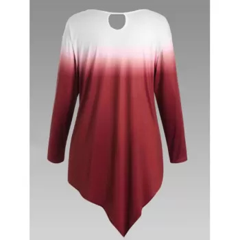 Ombre Printed Asymmetric Long leeves Tee - Cherry Red