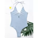 One Piece High Cut Swimwear with Criss Cross - Cloudy