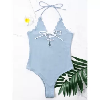 One Piece High Cut Swimwear with Criss Cross - Cloudy
