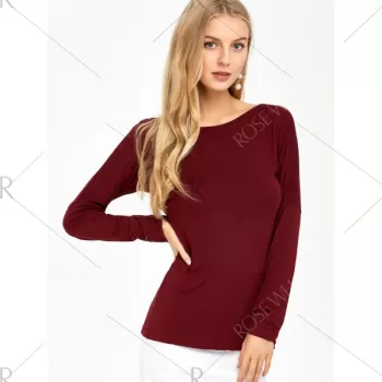 Open Back Drop Shoulder T-Shirt - Wine Red
