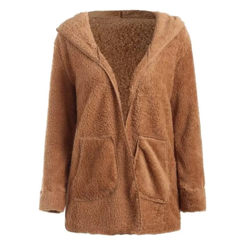 Open Front Hooded Fuzzy Coat - Yellow