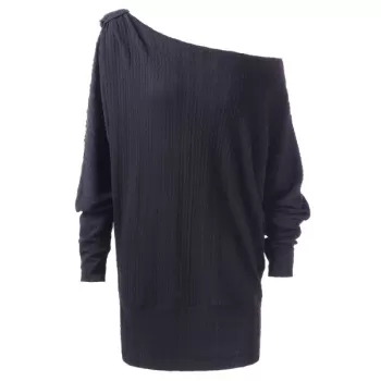 Open One Shoulder Long Sleeve Tunic Dress - Dark Gray