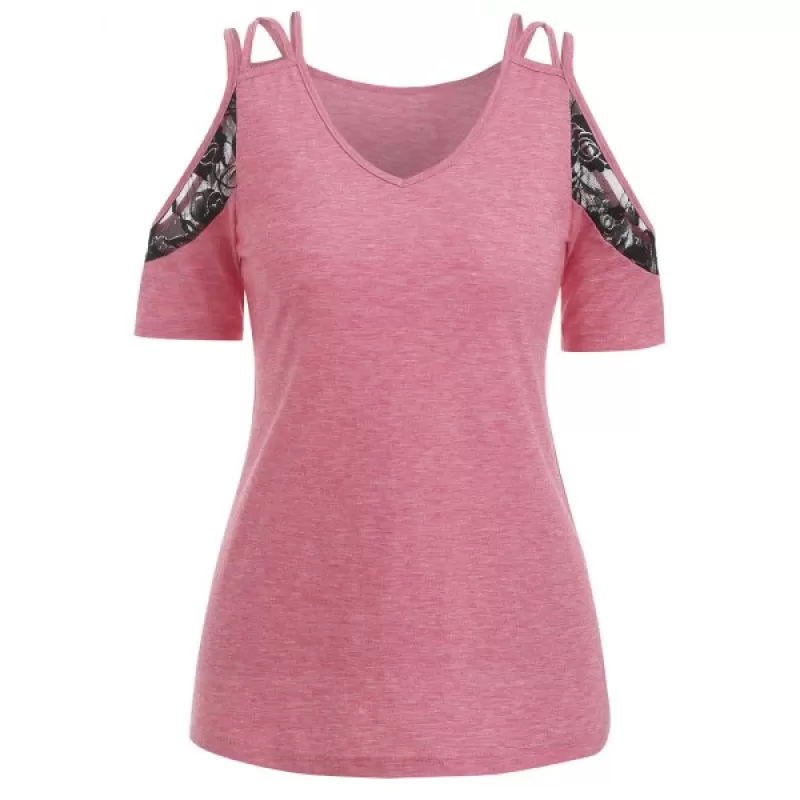 Open Shoulder Criss Cross ace Panel T Shirt - Flamingo Pink
