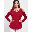 Open Shoulder Criss Cross T-shirt - Red