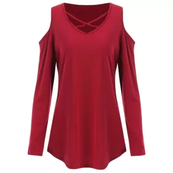 Open Shoulder Criss Cross T-shirt - Red