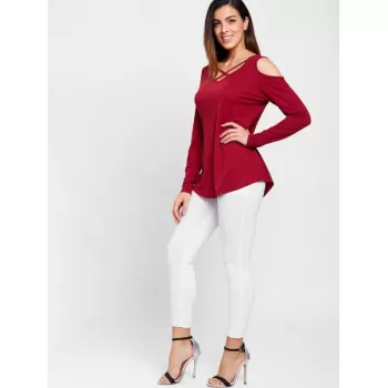 Open Shoulder Criss Cross T-shirt - Red