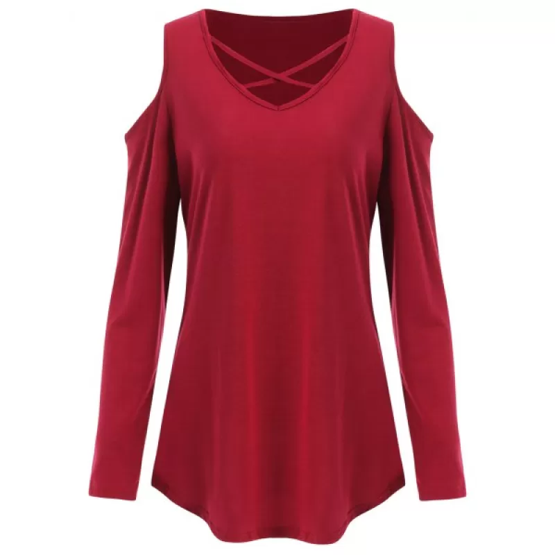 Open Shoulder Criss Cross T-shirt - Red