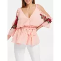 Open Shoulder Embroidery Surplice Blouse - ight Pink
