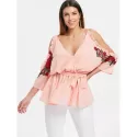 Open Shoulder Embroidery Surplice Blouse - ight Pink