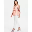 Open Shoulder Embroidery Surplice Blouse - ight Pink
