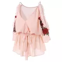 Open Shoulder Embroidery Surplice Blouse - ight Pink