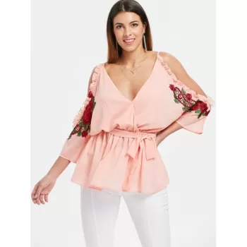 Open Shoulder Embroidery Surplice Blouse - ight Pink