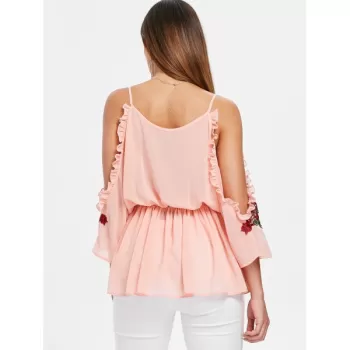 Open Shoulder Embroidery Surplice Blouse - ight Pink