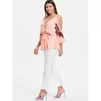 Open Shoulder Embroidery Surplice Blouse - ight Pink