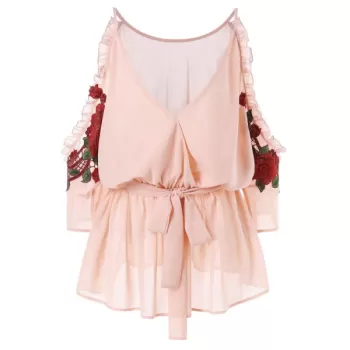 Open Shoulder Embroidery Surplice Blouse - ight Pink
