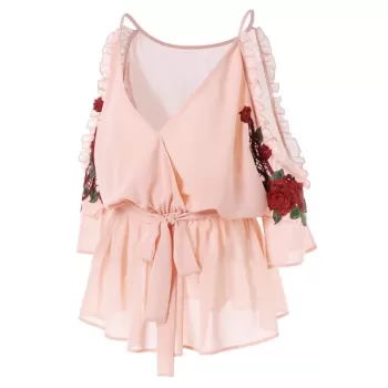 Open Shoulder Embroidery Surplice Blouse - ight Pink