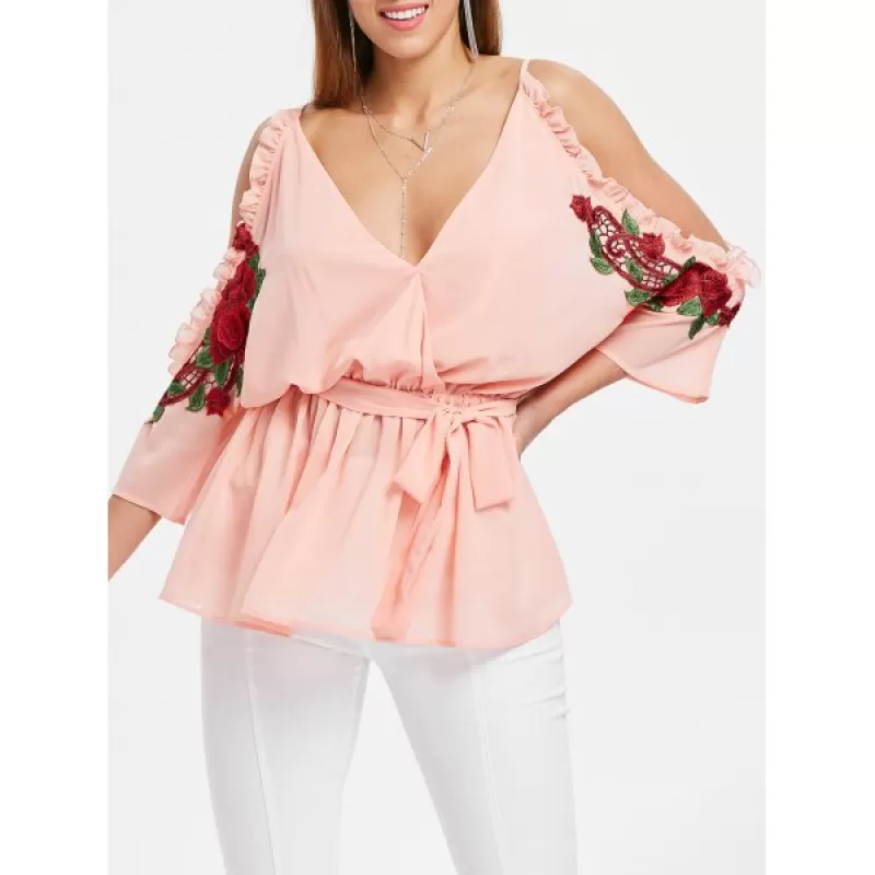Open Shoulder Embroidery Surplice Blouse - ight Pink