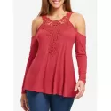 Open Shoulder Lace Applique Tee - Red