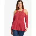 Open Shoulder Lace Applique Tee - Red
