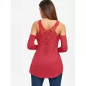 Open Shoulder Lace Applique Tee - Red