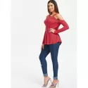 Open Shoulder Lace Applique Tee - Red