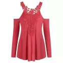 Open Shoulder Lace Applique Tee - Red
