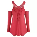 Open Shoulder Lace Applique Tee - Red