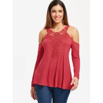 Open Shoulder Lace Applique Tee - Red