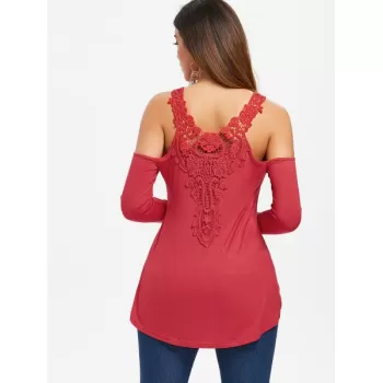 Open Shoulder Lace Applique Tee - Red