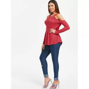 Open Shoulder Lace Applique Tee - Red