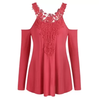 Open Shoulder Lace Applique Tee - Red