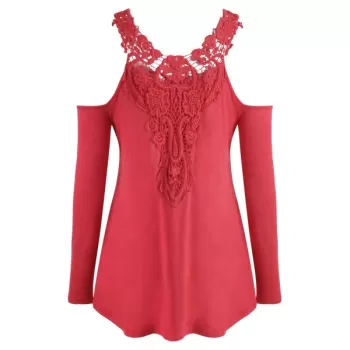 Open Shoulder Lace Applique Tee - Red