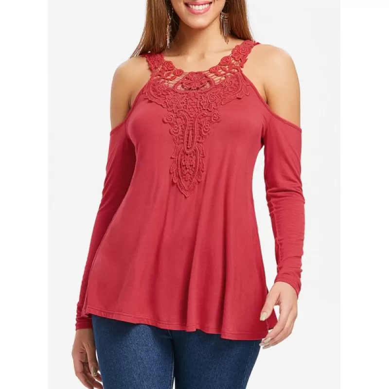 Open Shoulder Lace Applique Tee - Red