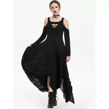 Open houlder Lace Panel Asymmetrical Dress - Night
