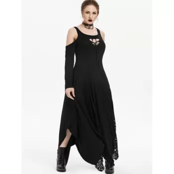 Open houlder Lace Panel Asymmetrical Dress - Night