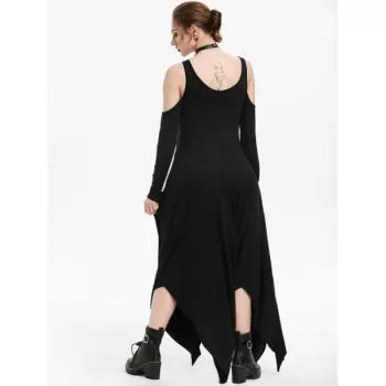 Open houlder Lace Panel Asymmetrical Dress - Night
