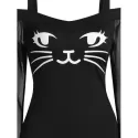 Open Shoulder Lace Up Cat Print Dress - Black