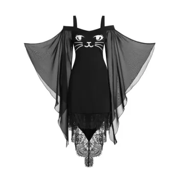 Open Shoulder Lace Up Cat Print Dress - Black