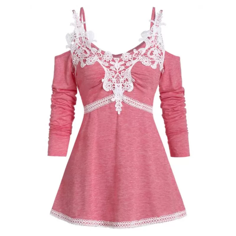 Open Shoulder arled Spaghetti Strap T Shirt - Light Coral