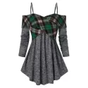 Open Shoulder Plaid Pattern Crisscross Sweater - ulti-a