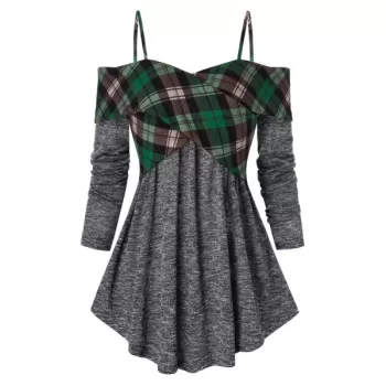 Open Shoulder Plaid Pattern Crisscross Sweater - ulti-a