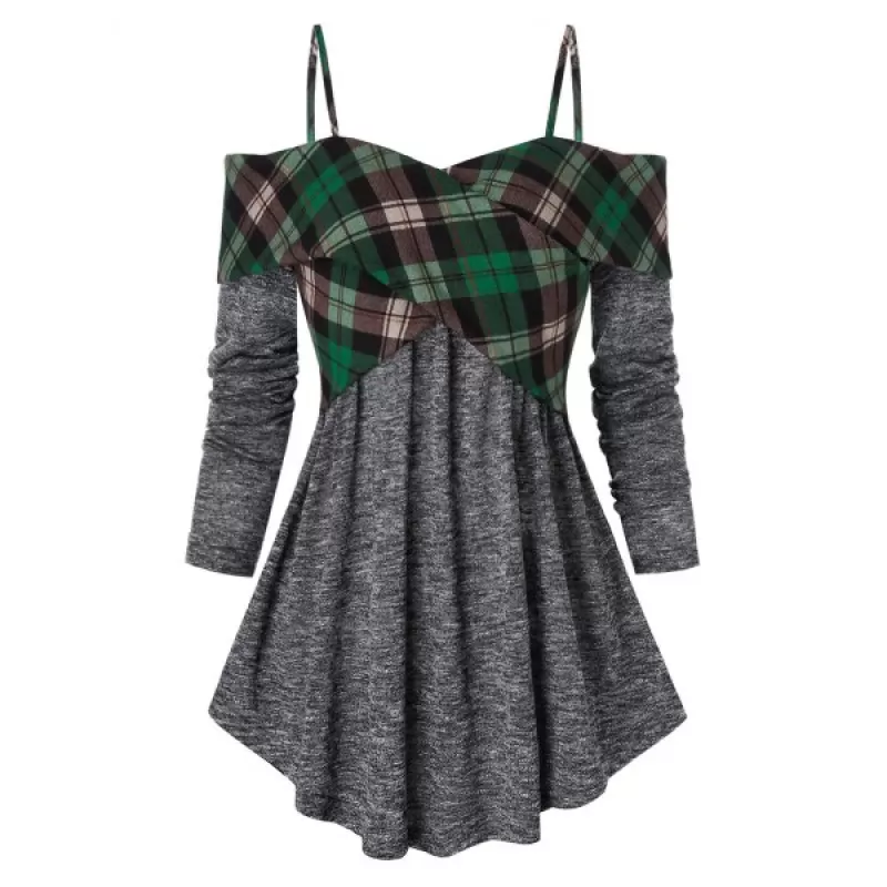 Open Shoulder Plaid Pattern Crisscross Sweater - ulti-a