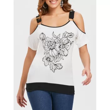 Open houlder Printed Blouson T-shirt - Milk White
