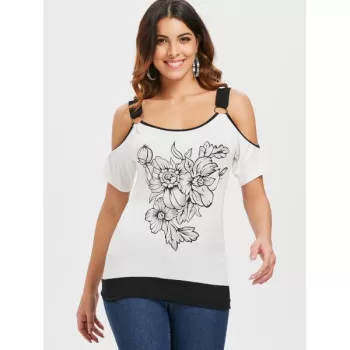 Open houlder Printed Blouson T-shirt - Milk White