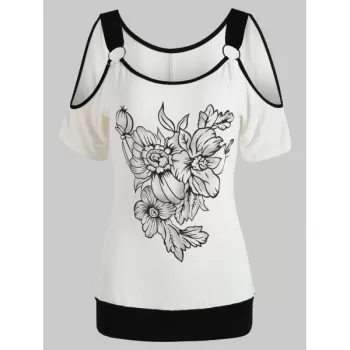 Open houlder Printed Blouson T-shirt - Milk White