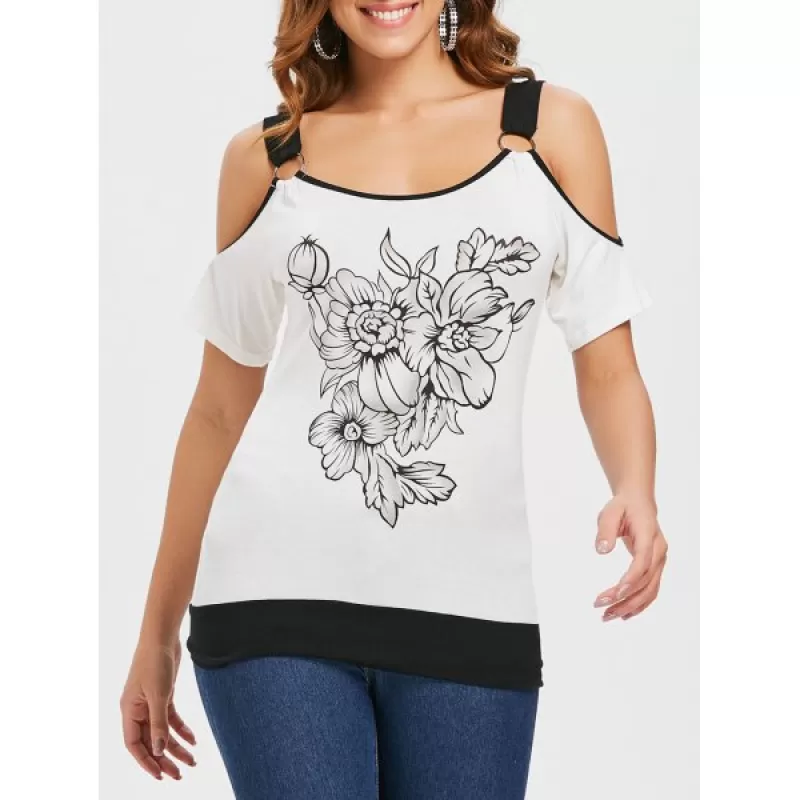 Open houlder Printed Blouson T-shirt - Milk White