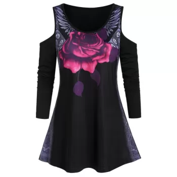 Open Shoulder Rose Print Tunic T Shirt - Black